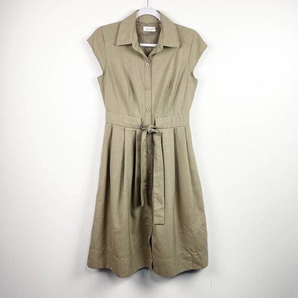 Calvin Klein Dresses & Skirts - Ralph Lauren Khaki Tan Pleated Fit and Flare Dress Button Front Size Medium